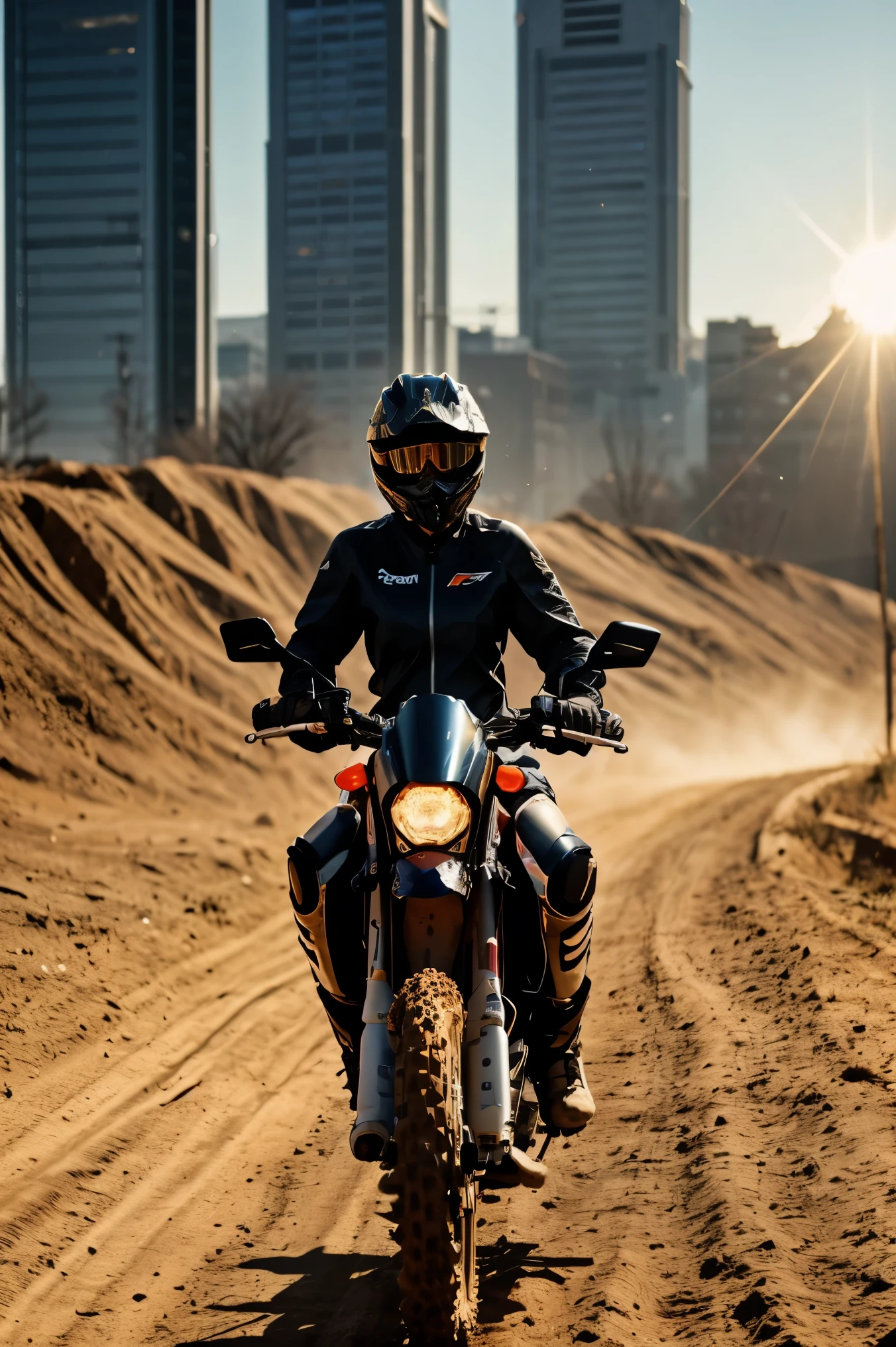 best quality,realistic,(portrait),full body shot,wharf scene, beautiful detailed eyes, beautiful detailed lips, shiny smooth light brown shoulder-length hair, glamorous shape, sexy cyborg woman riding a KTM 450 motocross motorcycle, powerful engine, metallic body, sleek design, reflecting the sunlight, intense focus, dirt track, splashing mud, dynamic movement, blurred background, vibrant colors, golden hour lighting