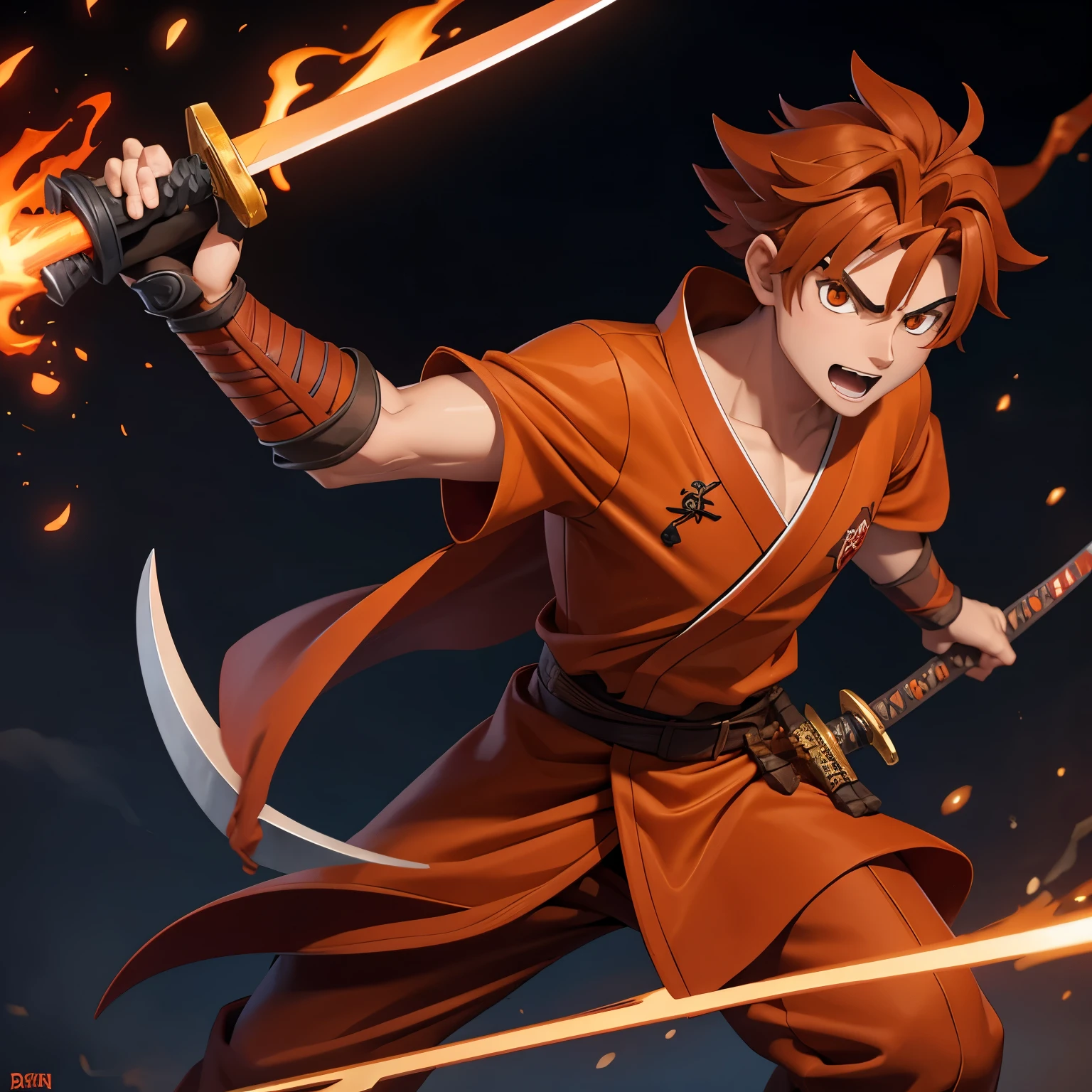 a demon slaying boy character with orange brown hair and a katana and a reddish red kimono