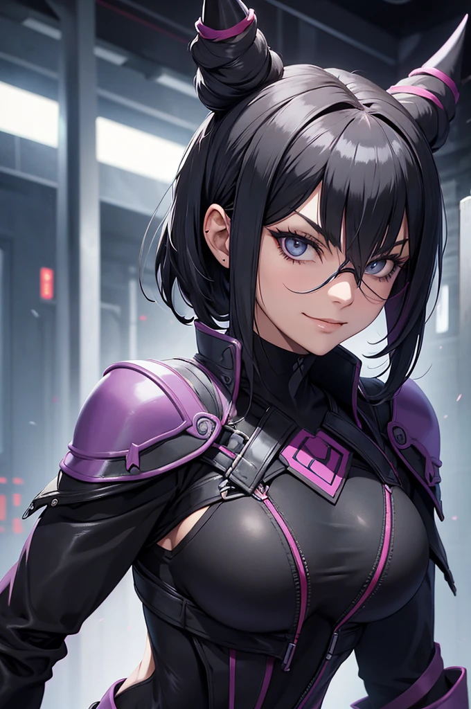 melhor qualidade,roupa azul,juri han,solo, masterpiece, best quality, agrias, grey sweater, black leotard, standing, looking at viewer, short hair,oculos,evil smile, evil look,luvas preta,roupa azul,yandere rosto,low lighting,coxa sarada copo detalhado,olhando para frente juri han,bela