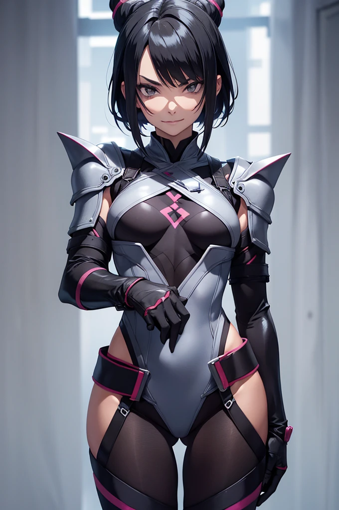 evil smile solo, masterpiece, best quality, agrias, grey sweater, black leotard, standing, looking at viewer, short hair,oculos,evil smile, evil look, juri han,luvas preta,roupa azul,yandere rosto,low lighting,coxa sarada copo detalhado,olhando para frente