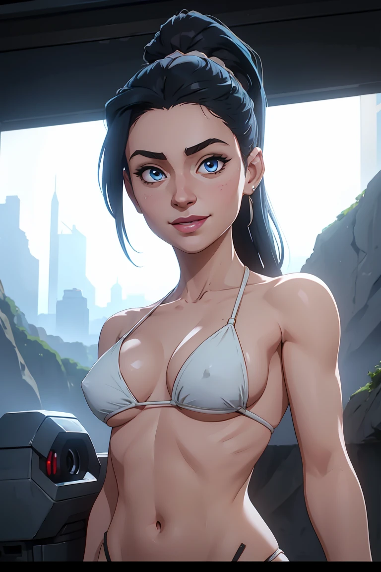 very pale ariana grande smiling, young 30 year old woman, smaller breast size, topless, long straight black hair, hair bangs, single long pony tail, hair framing face, light blue eyes, cinematic natural light, organic dust particles in the light, sensual, 4k, look at camera, underware, highly detailed face, upper body porttrait, in white extremly tiny string bikini, extremly exaggerated smile, ((perspective from deep bottom, looking down)), showing belly, eyes looking down