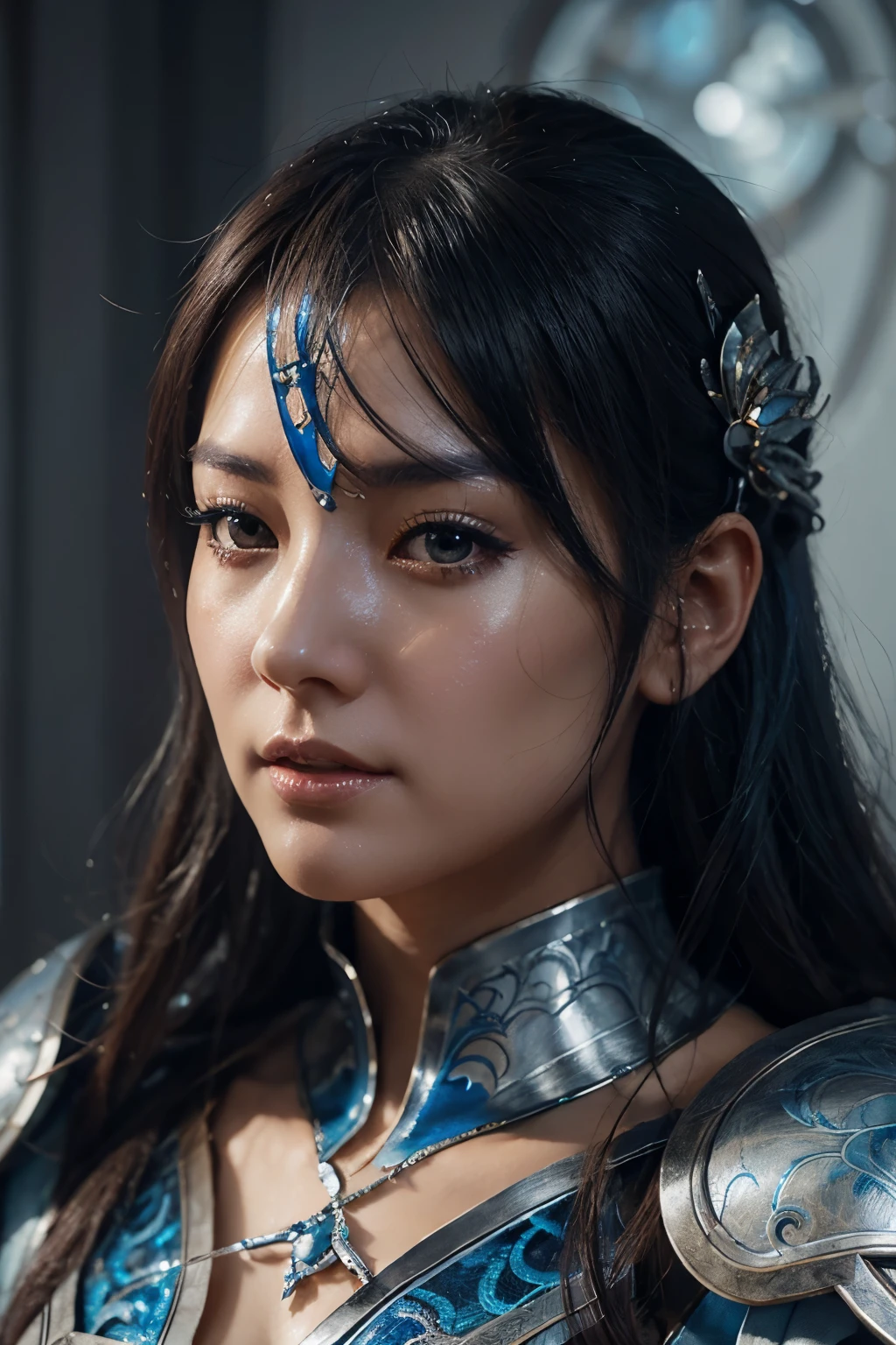 a close up of a woman in a silver and blue dress, chengwei pan on artstation, by Yang J, detailed fantasy art, stunning character art, fanart best artstation, epic exquisite character art, beautiful armor, extremely detailed artgerm, detailed digital anime art, artgerm on artstation pixiv, armor girl