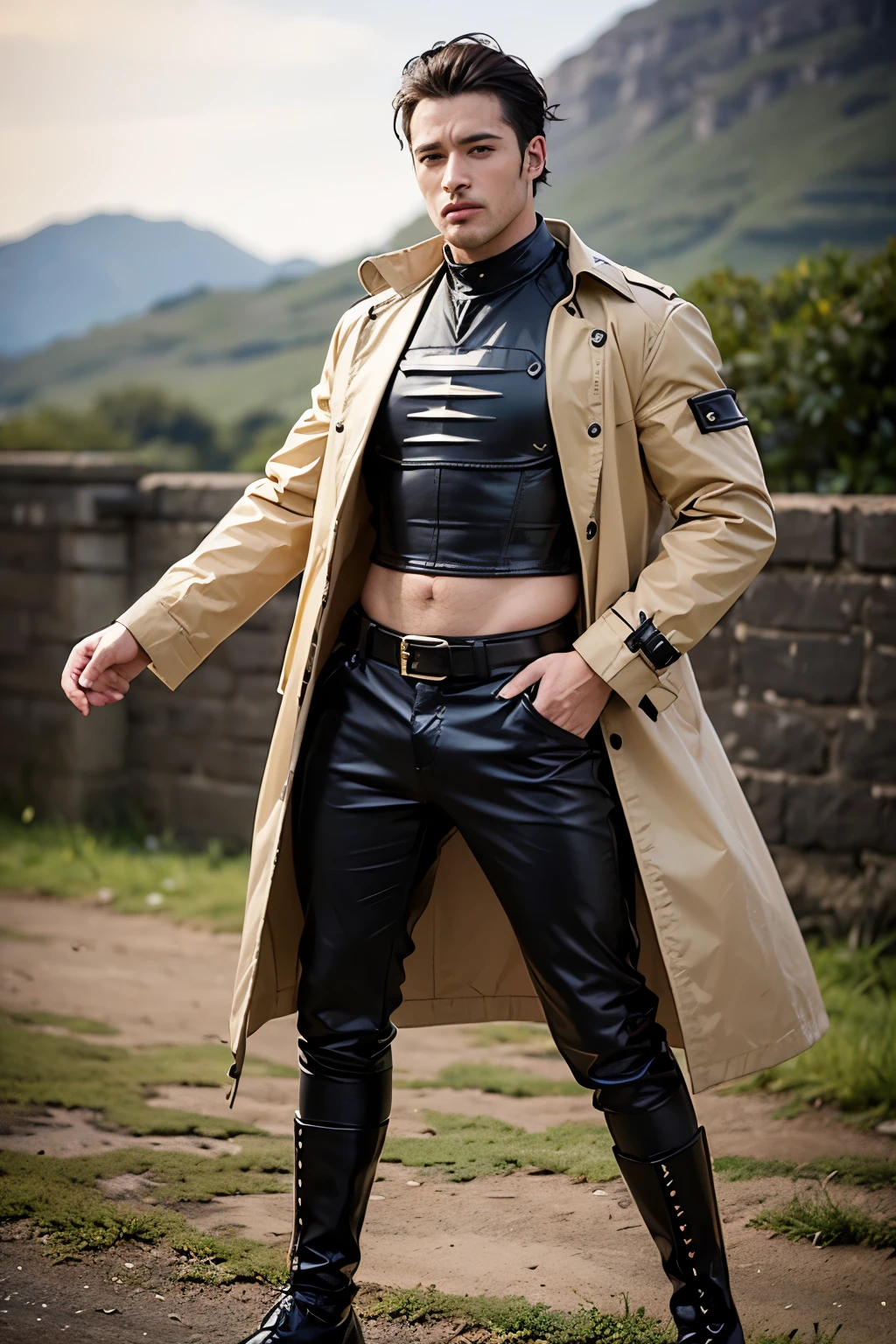 (medieval)(rpg), rosto perfeito, homem com a pele clara, com longos cabelos pretos e brilhosos, your black eyes and yellow eyelashes , his outfit is a black trench coat showing his abdomen, and your pants are leather, your shoe is a boot that reaches your shin