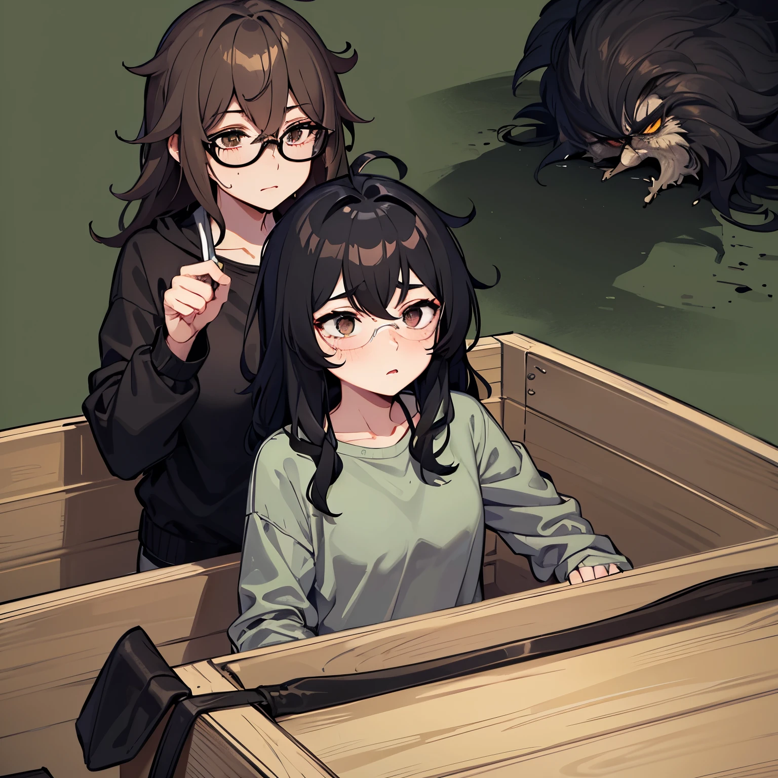 Waifu, aleijado, twenty years old, wavy dark brown hair, messy hair, dark brown eyes, green glasses, grey sweat jacket, dark green t-shirt, black sweat pants, floaded city background, messy hair, neutral expression, sit on a canoe, messy hair, tired face, dark circles on eyes, very messy hair, black sweat pants, grey sweat jacket, dark green t-shirt, very messy hair, sit on a canoe, black sweat pants, dark circles on eyes, huge , thick thighs