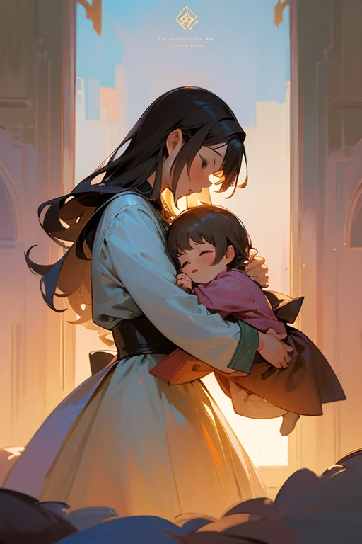 (Obra maestra:1.2), Mejor calidad, (illustration:1.2), (ultra detallado), hiper detalles, (delicado detallado), (detalles intrincados), (cinematic light, Mejor calidad Backlights), Delete line, Cuerpo perfecto, The image depicts a mother embracing her , capturing a tender moment suitable for celebrating Mother's Day. The style emulates a child's drawing and storybook illustration, using a watercolor palette to convey warmth and intimacy. The background and overall atmosphere of the scene radiate kindness and coziness, enhancing the emotional connection between the, (constituir), alto contraste, (mejor iluminacion, un extremadamente creado y hermoso), (cinematic light), vistoso,