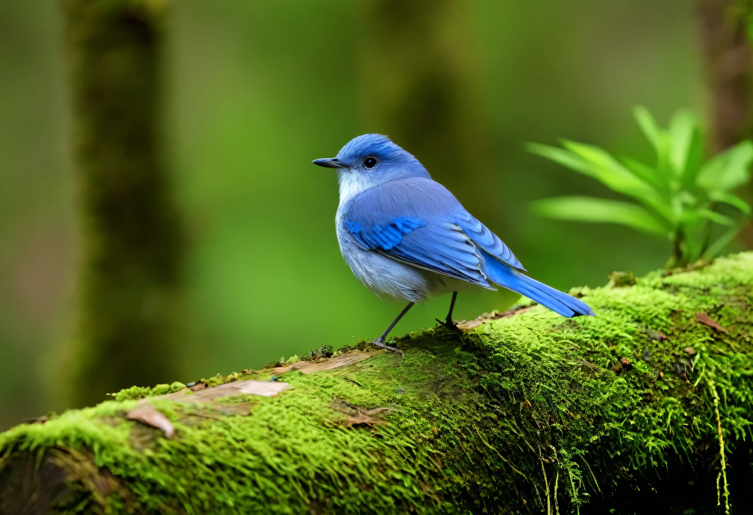 A small blue and white bird sits on a mossy log, Sitting on a rock, Perched on a mossy branch, blue bird , Nature Photography, Beautiful Nature, Covered in moss and birds, Watching birds, Ophanim has the wings of a bird, Based on the bird Nightingale, tourism photography, Rare bird in the jungle, Beautiful and elegant