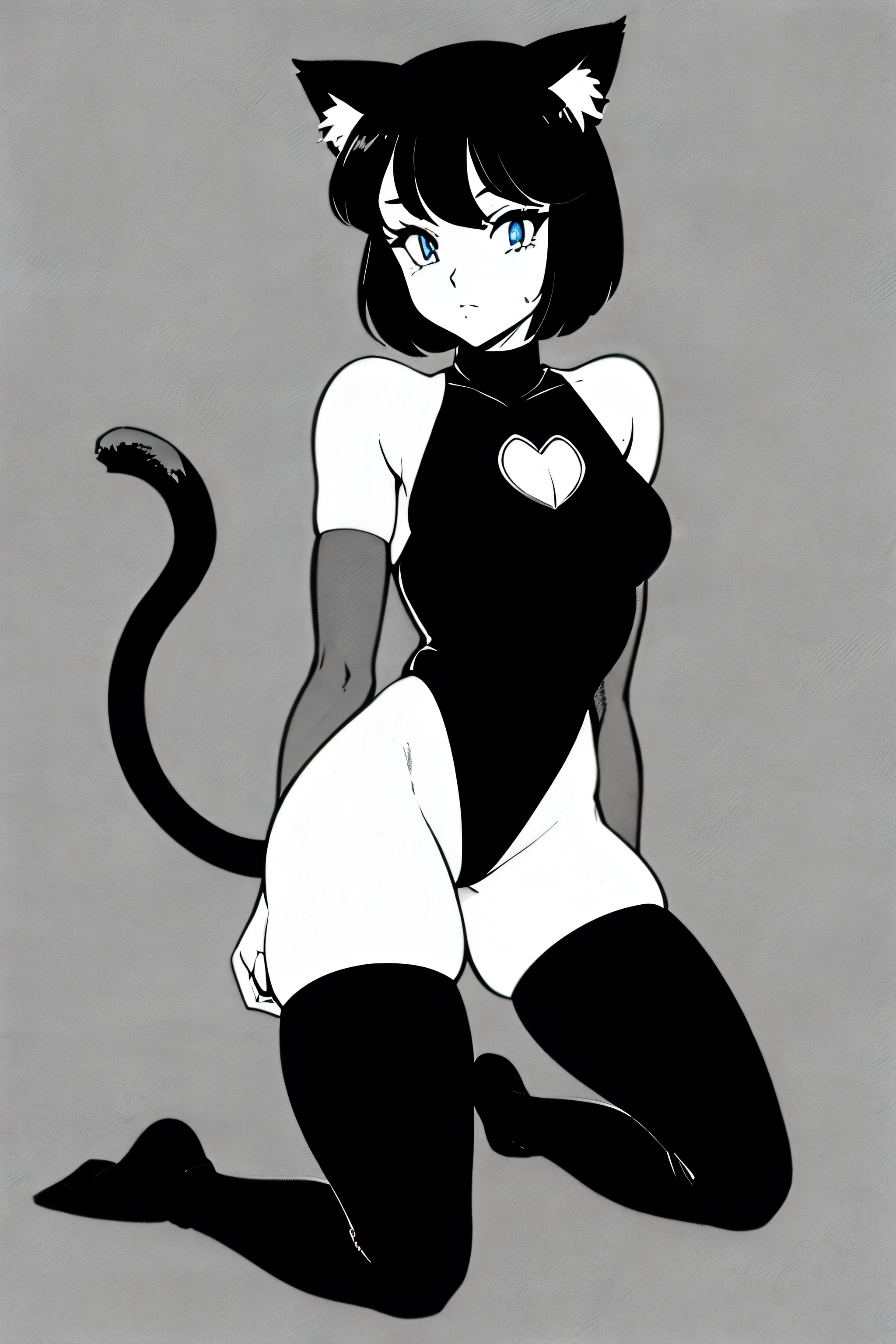 1girl, solo, , looking at viewer, short hair, bangs, blue eyes, black hair, thighhighs, animal ears, bare shoulders, closed mouth, tail, full body, detached sleeves, black thighhighs, cat ears, leotard, cat tail, animal ear fluff, clothing cutout, kneeling, turtleneck, highleg, cat girl, black leotard, highleg leotard, grayscale, monochrome, osamu tezuka inspired, retro artstyle, adorable, high res, glossy.