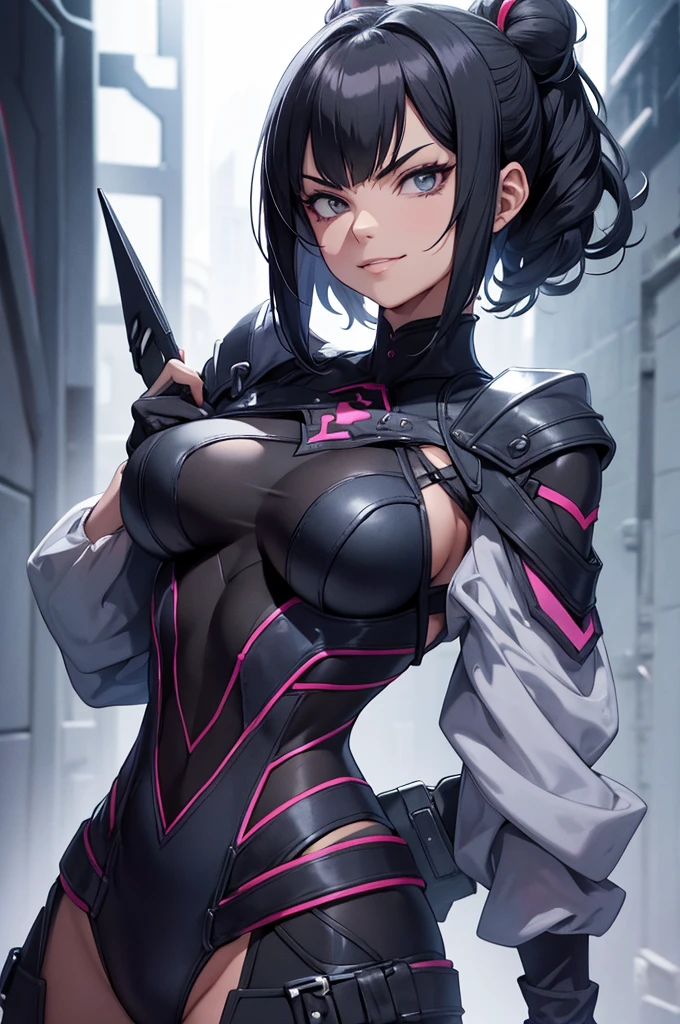 (Masseter region,Highest quality,Very detailed), (Detailed face), Poster, High resolution, One Girl, (View from the front), (cyber punk), (Lucy), Black Hair, (前髪のあるBlack Hair,), (Bobcut), Two-tone hair, Gold Eye, Black underwear, Full Figure, Flat Chest, (Beautiful details: 1.1), (Fine hand), (Detail Light: 1.1), Film Light, Fair skin, (Looking at the audience), Fashionable, Textured skin, Very detailed, Cute way to sit,