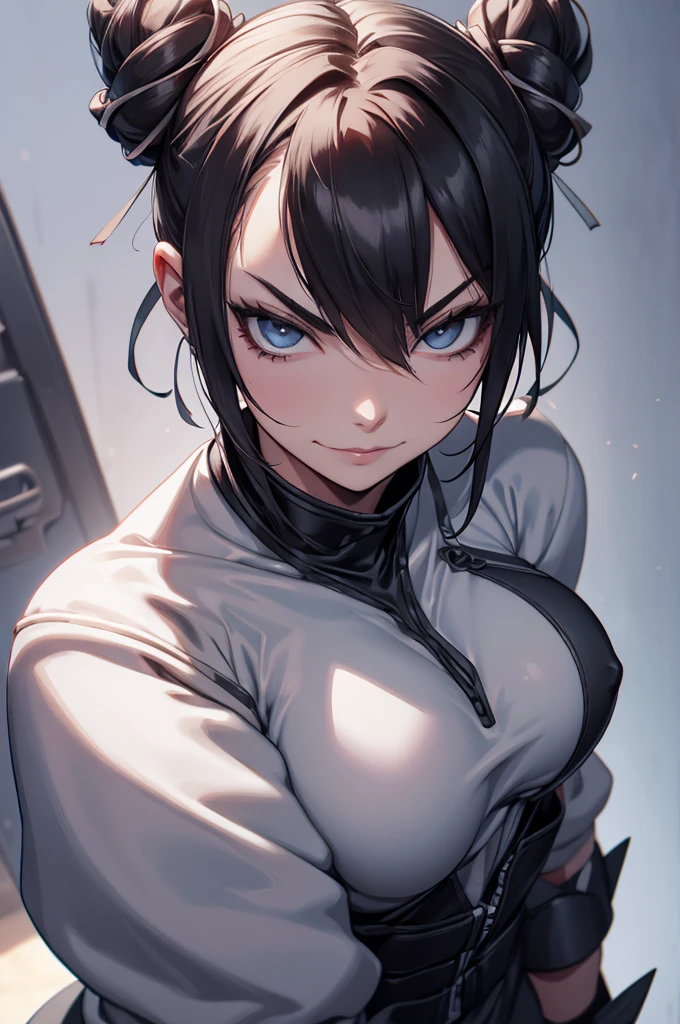 evil smile solo, masterpiece, best quality, agrias, grey sweater, black leotard, standing, looking at viewer, short hair,oculos,evil smile, evil look, juri han,luvas preta,roupa azul,yandere rosto,low lighting,coxa sarada copo detalhado,olhando para frente
