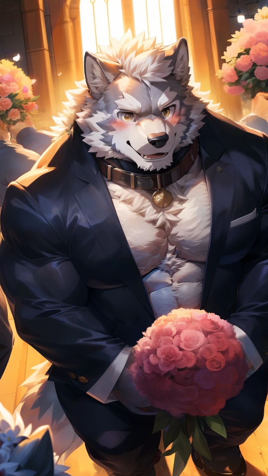 Solitary, anthropology, hairy, hairy male, Wolf, ((Fluffy fur, Fluffy, hairy body)), (Wolf印), (short beard), youth, Gray body, muscular, White, Big muscles, Golden pupils, Tail, deTailed teeth, deTailed face, Fundos, bridegroom, (Black suit suit), (The collar is open), Holding a bouquet of white flowers, 害羞的站在church门前, deTailed Fluffy fur, deTailed face, Look up at the audience, majestic, barbarous, A faint smile, Blushing, Strong, church, White dove, Top view, (through empty ghost, From wolf26, masterpiece, high quality, high resolution,8k), permanent, Close-up portraits, outdoor, 