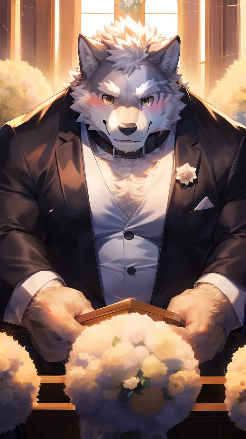 Solitary, anthropology, hairy, hairy male, Wolf, ((Fluffy fur, Fluffy, hairy body)), (Wolf印), (short beard), youth, Gray body, muscular, White, Big muscles, Golden pupils, Tail, deTailed teeth, deTailed face, Fundos, bridegroom, (Black suit suit), (The collar is open), Holding a bouquet of white flowers, 害羞的站在church门前, deTailed Fluffy fur, deTailed face, Look up at the audience, majestic, barbarous, A faint smile, Blushing, Strong, church, White dove, Top view, (through empty ghost, From wolf26, masterpiece, high quality, high resolution,8k), permanent, Close-up portraits, outdoor,