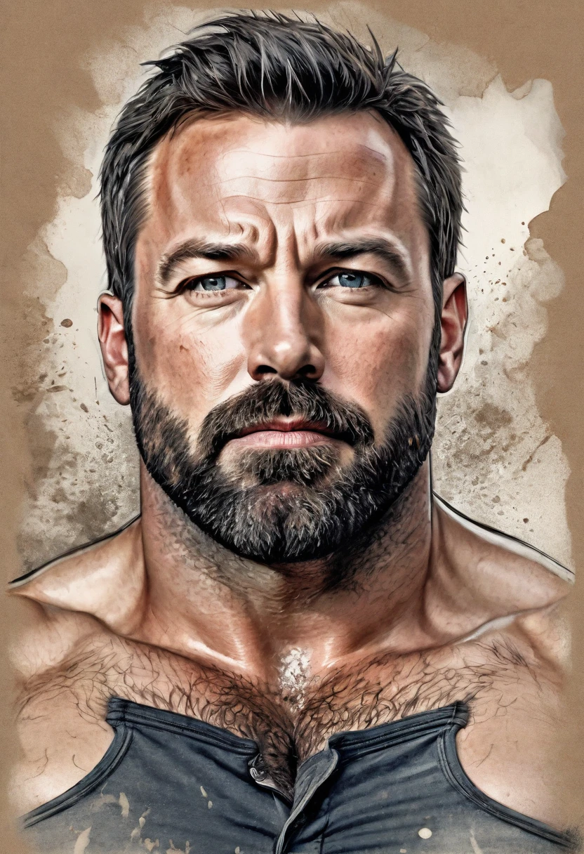 A portrait full body photograph Atractive ben Affleck heavy muscles, using only underwear, bearded, Strong, muscular, hairy big belly bodybuilder, showing very hairy groin area, epic realistic, photo, faded, neutral colors, ((((hdr)))), muted colors, intricate scene, artstation, intricate details, （（（ink，soil，Line outline，ink stain，ink stain）））