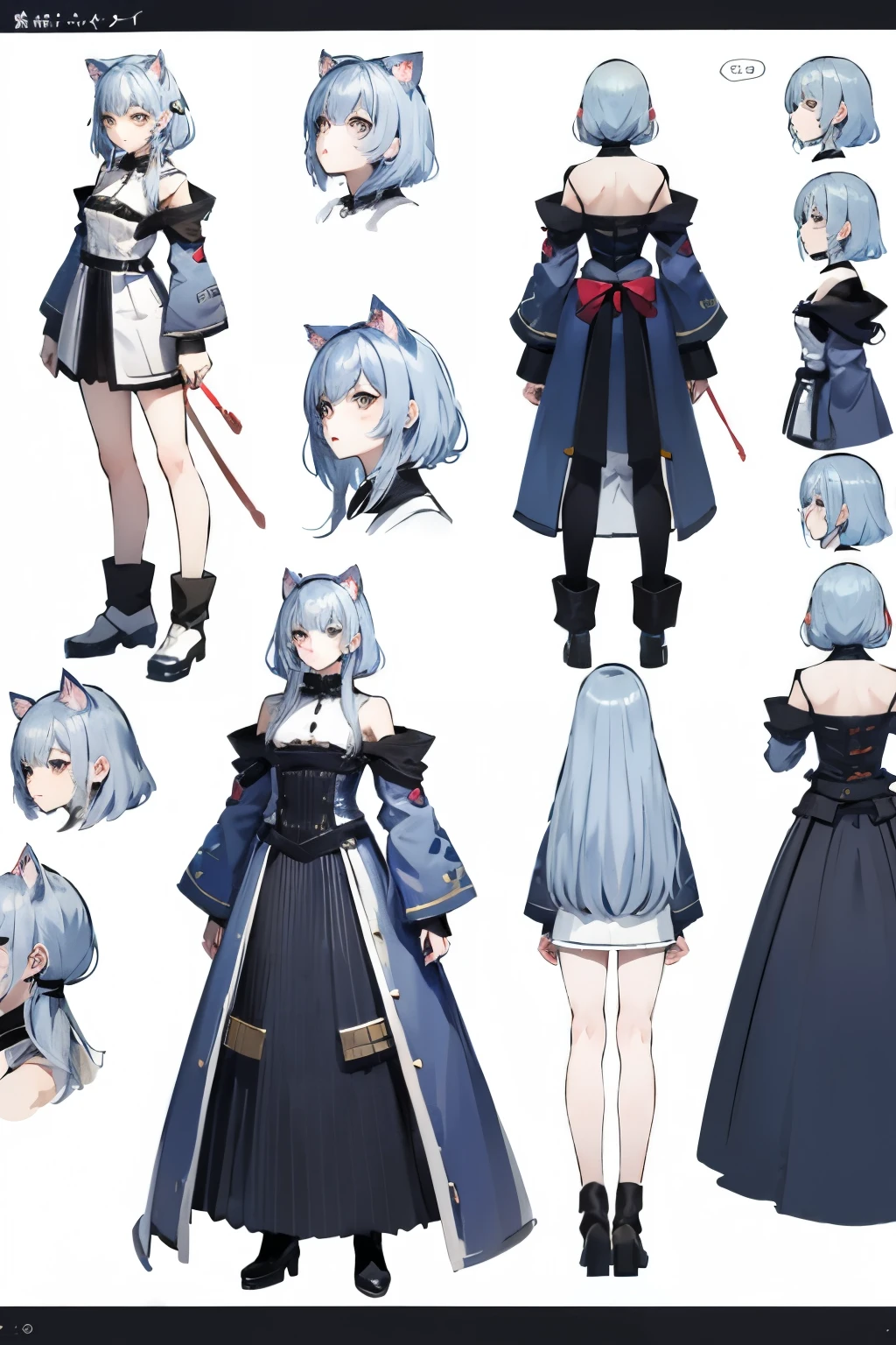 Cat ear,CHARACTER TURNAROUND SHEET,Character full body three views、
anime、Gray Hair、Female Characters、three views、front、side、back、pretty girl