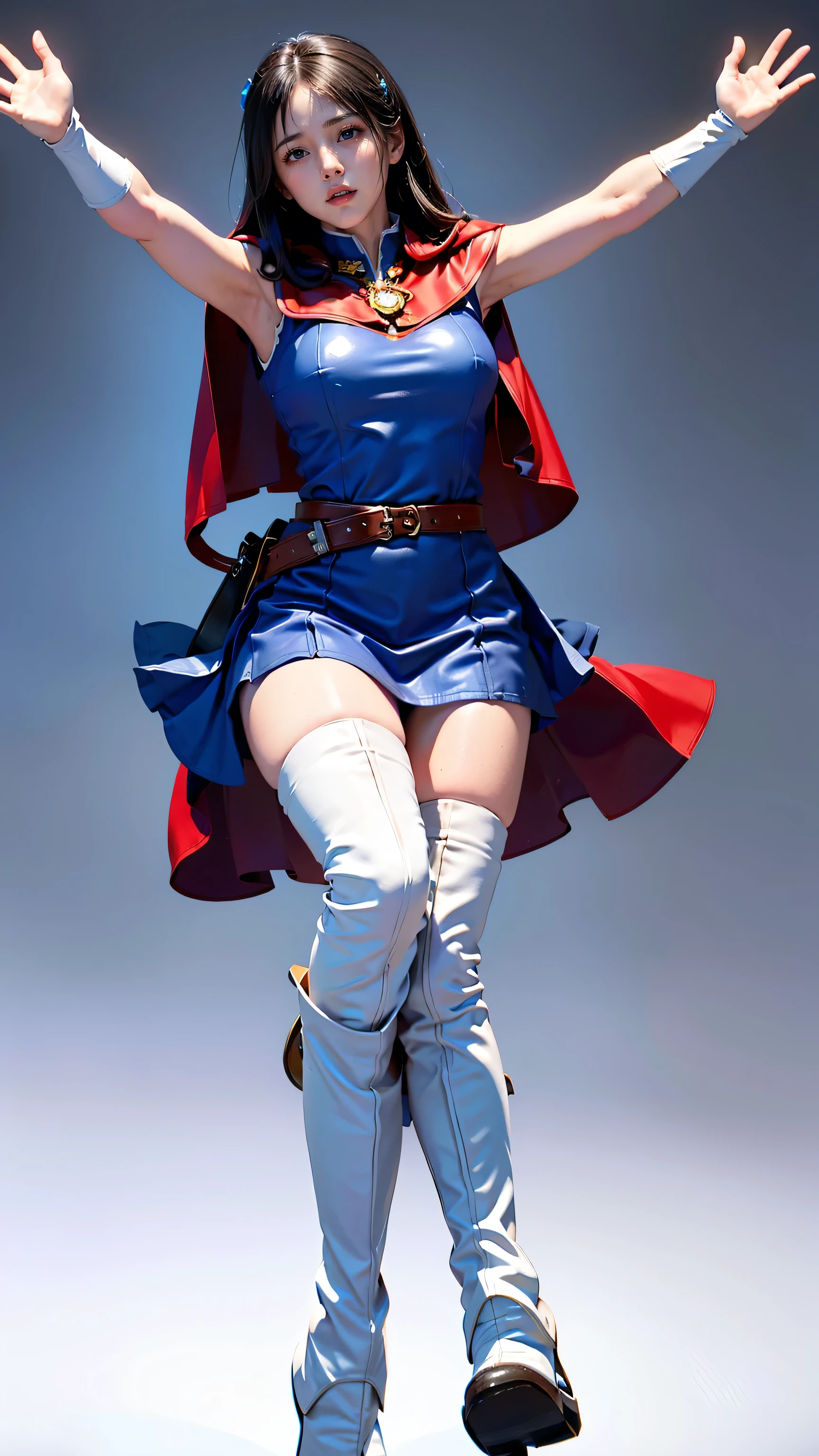 The body defined by women,Black-haired,20-year-old,big breasts,Supergirl Costume,White panties: 1.3,White bra,((Knee-high blue boots: 1.35)),((Glossy blue costume: 1.25)),((Elbow-length blue leather gloves: 1.25)),((White thigh-high socks)),Gloss,8K,highest quality,Pubic hair is visible,((Red Mini Cape)),((((A simple sleeveless blue dress))))、belt、Metal fittings to secure the ends of the belt,Detailed depiction of the hand: 1.35,no make look: 1.4,standing: 1.5,perfect fingers:1.2,beautiful fingers:1.2,The light that enveloped her body:1.2, Particles of light:1.2,Outstretched arms,