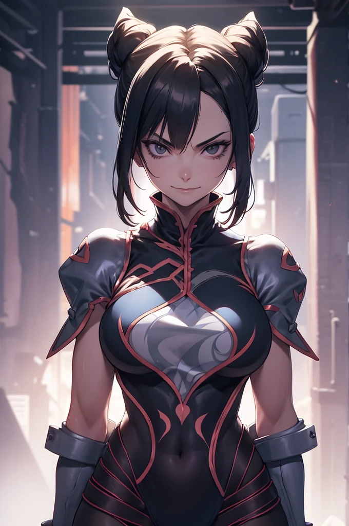 evil smile solo, masterpiece, best quality, agrias, grey sweater, black leotard, standing, looking at viewer, short hair,oculos,evil smile, evil look, juri han,luvas preta,roupa azul,yandere rosto,low lighting,coxa sarada copo detalhado,olhando para frente