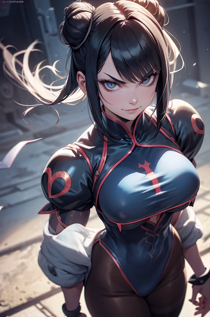 evil smile solo, masterpiece, best quality, agrias, grey sweater, black leotard, standing, looking at viewer, short hair,oculos,evil smile, evil look, juri han,luvas preta,roupa azul,yandere rosto,low lighting,coxa sarada copo detalhado,olhando para frente