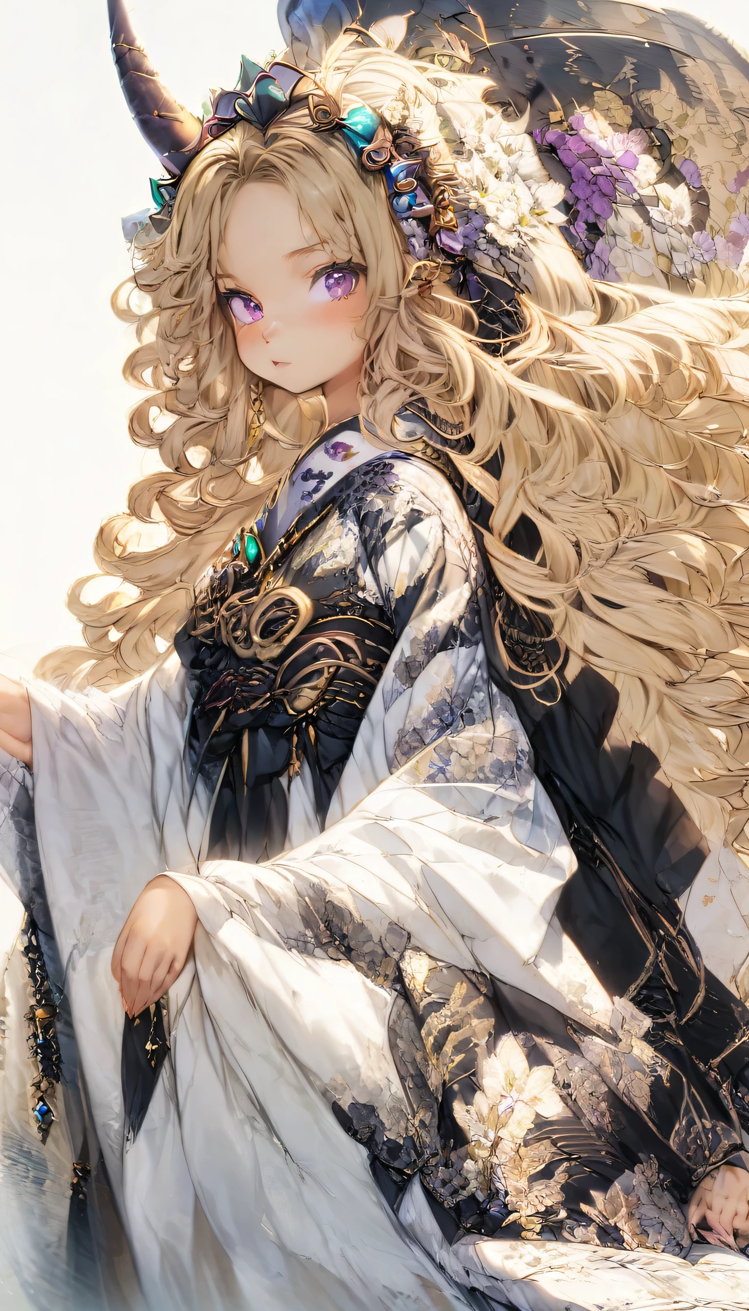 masterpiece, best quality, extremely detailed, high resolution, Japanese anime,1girl, blonde hair, (medium length hair:1.4), side braid hair, curly hair, wavy hair, drill hair, curl outward hair, devil horn, (purple eyes:1.5), devil wing,(beautiful detailed eyes:1.4), laugh, 12 -year-old , 145cm tall, original character, fantasy, (white background:1.2), full body, beautiful fingers, standing, (black lace dress:1.5), (bejeweled headdress:1.5) , shoot from front, looking at viewer