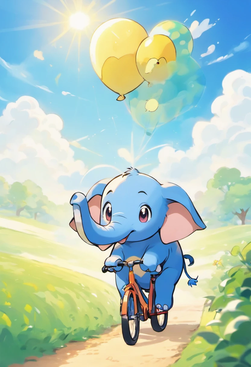 Little cartoon elephant, heureux, qui fait du vélo dans la campagne, le ciel est bleu avec un beau soleil en dessin animé bruit est heureux 