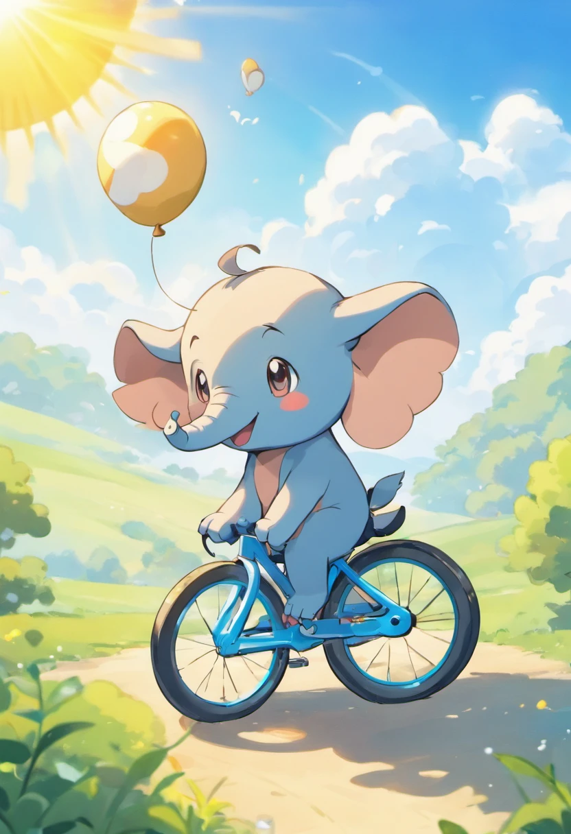 Little cartoon elephant, heureux, qui fait du vélo dans la campagne, le ciel est bleu avec un beau soleil en dessin animé bruit est heureux 