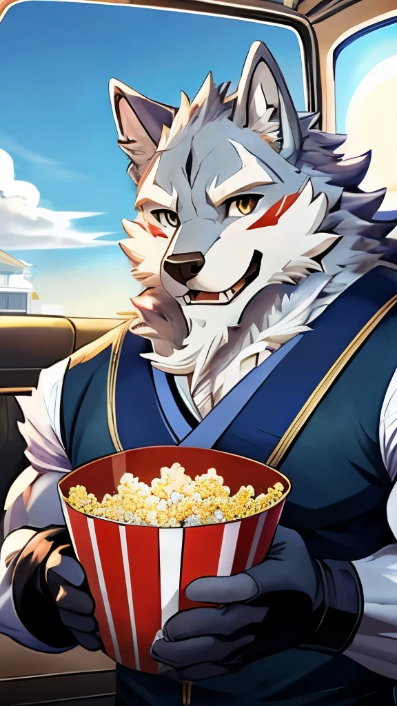 masterpiece,high quality,Japanese cartoons,Delicate eyes,Furry male gray wolf, law, Great physique,Strong arms are manly, In the van, Selling popcorn, Wearing black gloves, Daytime sky, trumpet, Seller litigation, Happy, Blushing, Flashing Lights, through empty ghost,Pino Deheny