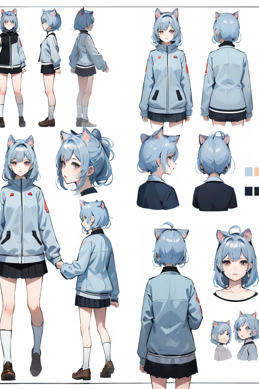 Cat ear,CHARACTER TURNAROUND SHEET,Character full body three views、
anime、Gray Hair、Female Characters、three views、front、side、back、pretty girl