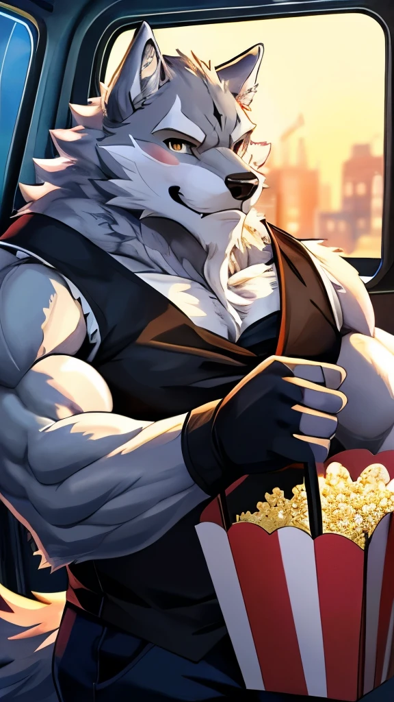 masterpiece,high quality,Japanese cartoons,Delicate eyes,Furry male gray wolf, law, Great physique,Strong arms are manly, In the van, Selling popcorn, Wearing black gloves, Daytime sky, trumpet, Seller litigation, Happy, Blushing, Flashing Lights, through empty ghost,Pino Deheny