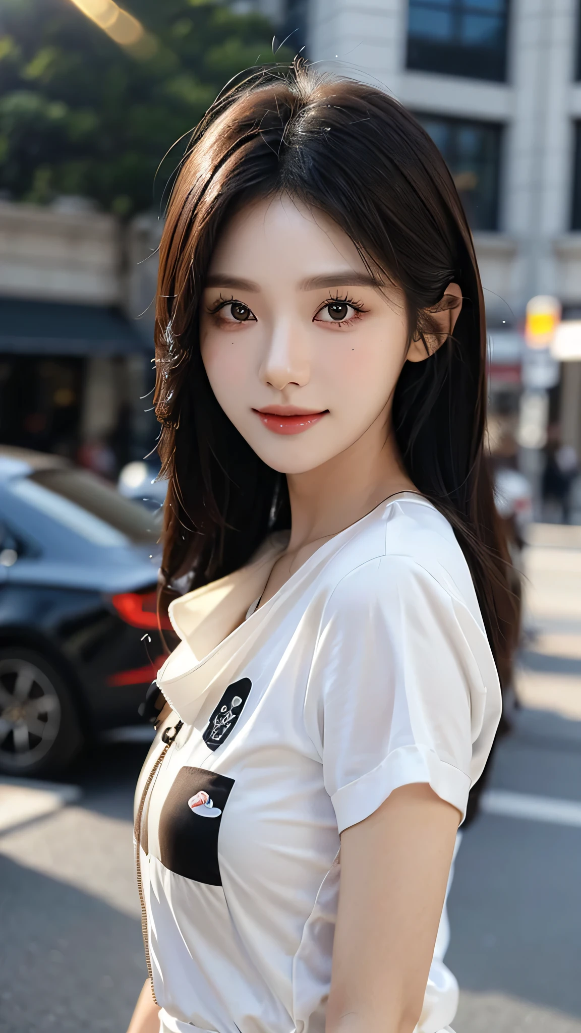 masterpiece、top-quality)、1 beutiful girl、Slim body、((Black and white plain clothes:1.1))、((Wearing black sunglasses )), (Detailed beautiful eyes), ((Detailed skin)) , ((Detailed beautiful hair)), Walk around the store、((Boyish Brown Medium Hair))、((Smaller face))、((Neutral face))、((Face seen from the side))、((Light brown eyes))、((Korean Girl))、((18year old))、((cool lady))、((A shy smile on his face))、((Korean Makeup))、((elongated and sharp eyes))、((Happy dating))、((looking distantly))、((boyish))、((Shot from the same height as your face))、((Shorter than viewer))、((She is running ahead of the viewer))、((Hold your mouth with your hand)), ((CG rendering)), ((Blurred background)), ((deep shadow)), ((16K)), ((Very detailed)), ((wallpaper)), ((depth of field)), ((movie light)), ((lens flare, Ray tracing)).