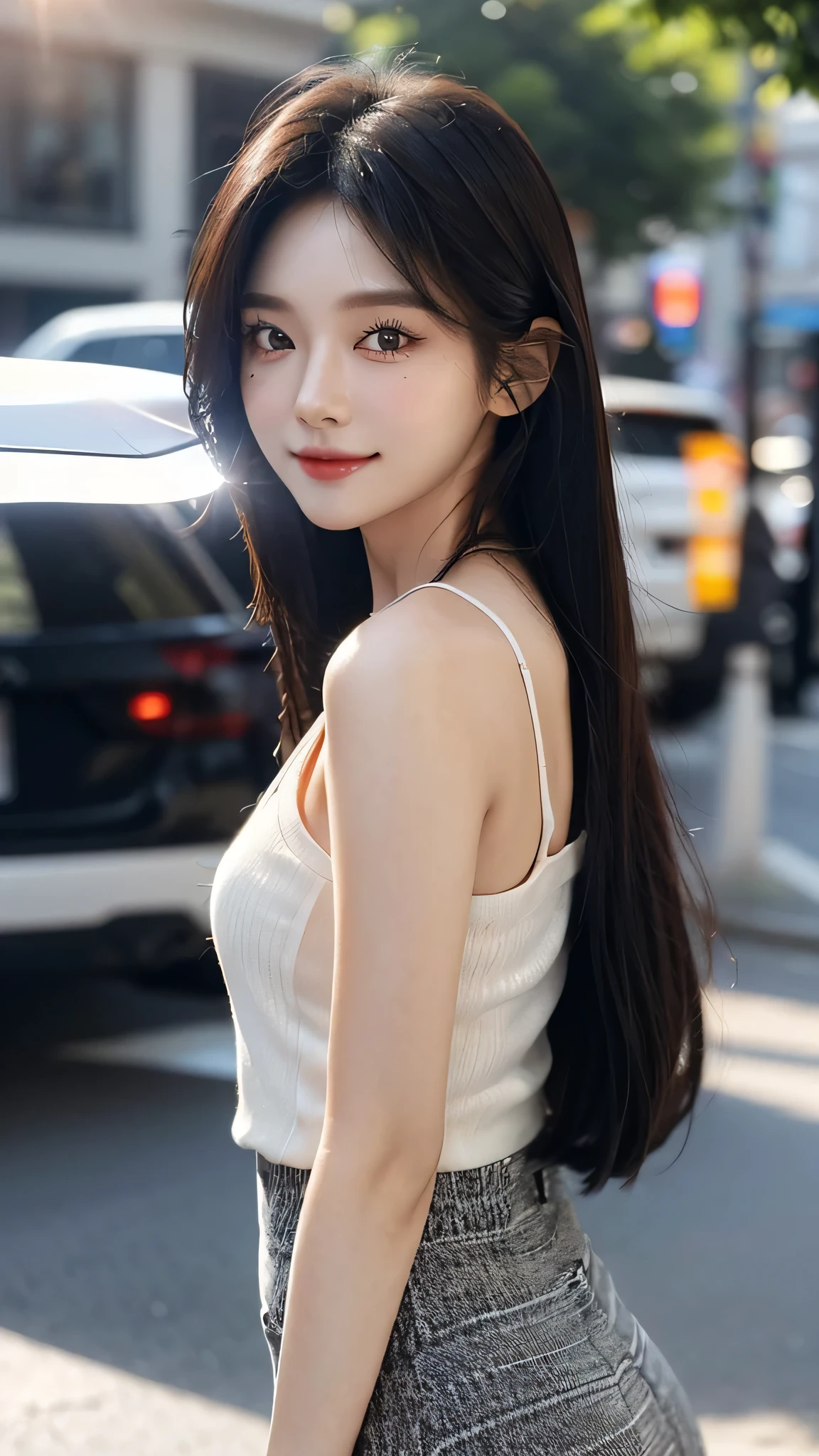 ​masterpiece、top-quality)、1 beutiful girl、Slim body、((Black and white plain clothes:1.1))、((Wearing black sunglasses )), (Detailed beautiful eyes), ((Detailed skin)) , ((Detailed beautiful hair)), Walk around the store、((Boyish Brown Medium Hair))、((Smaller face))、((Neutral face))、((Face seen from the side))、((Light brown eyes))、((Korean Girl))、((18year old))、((cool lady))、((A shy smile on his face))、((Korean Makeup))、((elongated and sharp eyes))、((Happy dating))、((looking distantly))、((boyish))、((Shot from the same height as your face))、((Shorter than viewer))、((She is running ahead of the viewer))、((Hold your mouth with your hand)), ((CG rendering)), ((Blurred background)), ((deep shadow)),  ((16K)),  ((Very detailed)), ((wallpaper)), ((depth of field)), ((movie light)), ((lens flare, Ray tracing)).