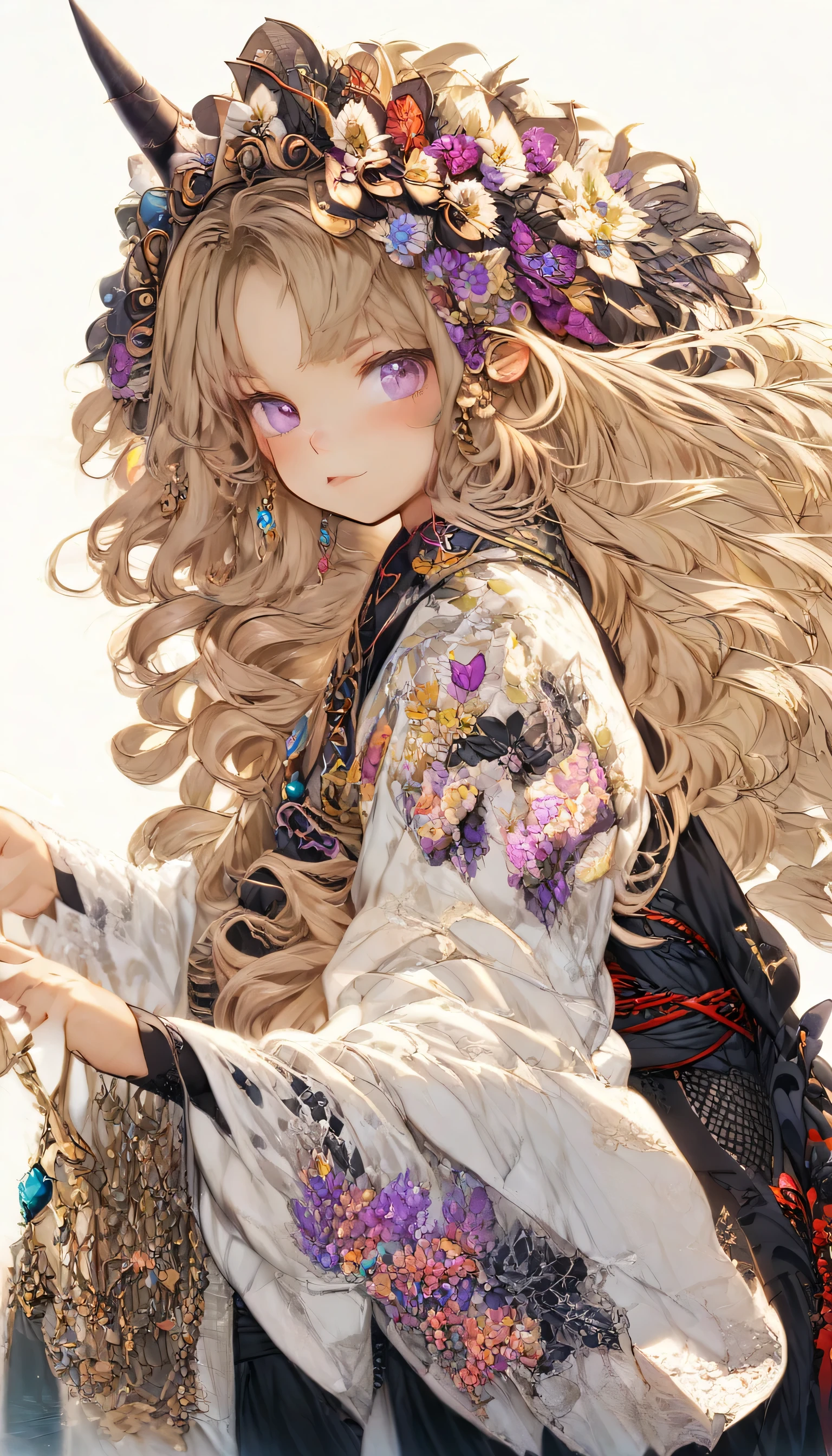 masterpiece, best quality, extremely detailed, high resolution, Japanese anime,1girl, blonde hair, (medium length hair:1.4), side braid hair, curly hair, wavy hair, drill hair, curl outward hair, devil horn, (purple eyes:1.5), devil wing,(beautiful detailed eyes:1.4), laugh, 12 -year-old , 145cm tall, original character, fantasy, (white background:1.2), full body, beautiful fingers, standing, (black lace dress:1.5), (bejeweled headdress:1.5) , shoot from front, looking at viewer