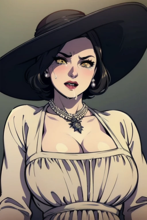 Alcina,black eyes,black hair,short hair,
white dress,single earring,cleavage,necklace,black gloves,
upper body,leaning forward, nipslip, downblouse
looking at viewer,smile, hat
,
(insanely detailed, beautiful detailed face, beautiful detailed eyes, masterpiece, best quality),solo,