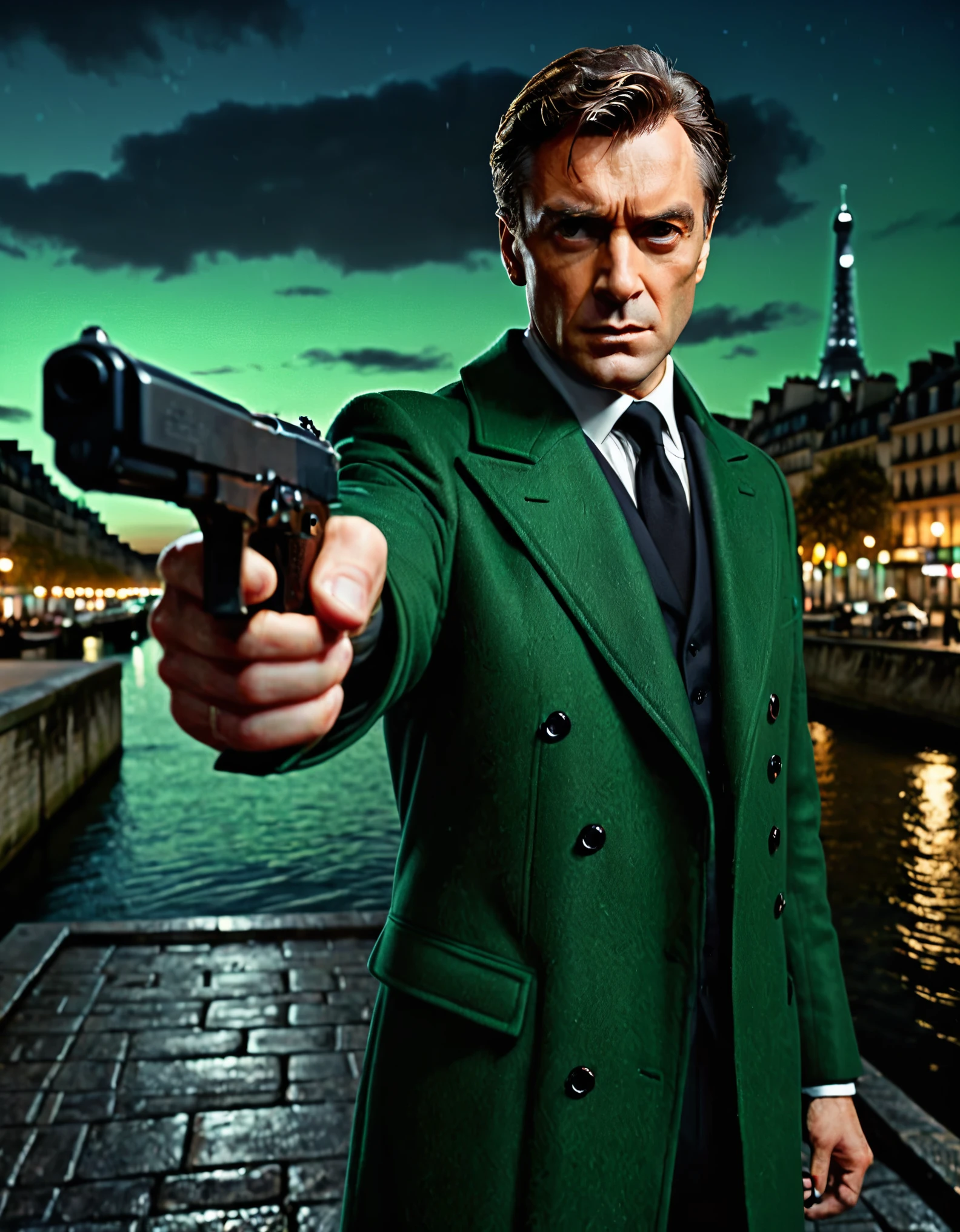 masterpiece, best quality, hyper detailed, ultra detailed, 1man, solo, solo focus, arafed french man in a coat, (pointing pistol at the viewer, glock17:1.2), tall body, middle-aged man, professional, relaxed but determined, serious but cool, he's a hitman in peacoat, he is wearing a green trenchcoat, darkgreen suit and tie, slacks, black dress shoes, full body and head shot, full body shoot, full-body-shot, fullbody shot, dock, paris, night backdrop, film noire atmosphere, reddish grey hair, green eyes, hair over one eye, secret agent, spy, midnight, noir lighting, hand.