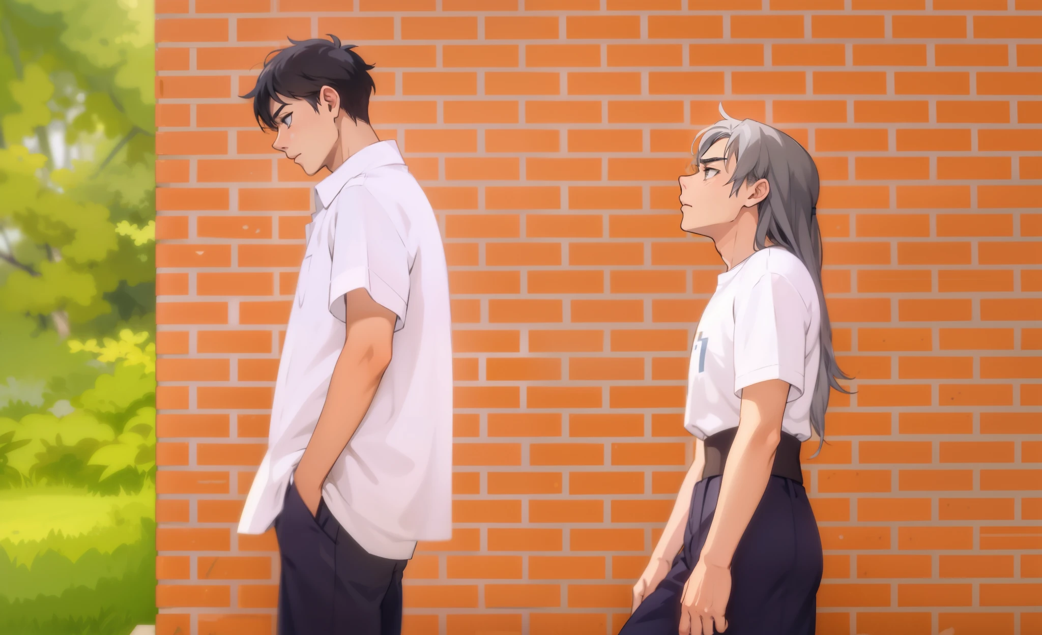 estilo comic anime 2d, cute boy 17 years thoughtful look distracted gray eyes gray hair have white shirt
