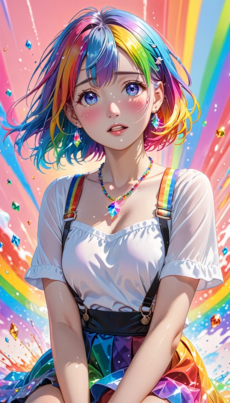 National Science Foundation,masterpiece,High resolution,8K,Art,digit,Three-dimensional,Realism,Kyoto Animation Style,your name movie style, ((Paint splashes,splash of color, Ink splash)),looking into camera,Soft Light,Glowing skin,(1 female: 1.3),(alone: 1.4),(((colorful hair))),((Colorful suspender skirt)),(Rainbow crystal hair clip),(Rainbow crystal small necklace),(Rainbow crystal small earrings),(Rainbow crystal bracelet),(Rainbow crystal ring),Long eyelashes,Slender legs,Short Bob,Close-up of upper body,Close-up,close view,colorful background,(Eyes as deep as the starry sky),(Shut up),(blush),(shy),(lovely and delicate),(Pitiful),(((cry))),(((Tears))),(((extremely sad))),(((despair)))
