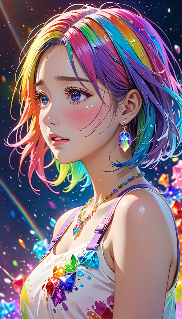 National Science Foundation,masterpiece,High resolution,8K,Art,digit,Three-dimensional,Realism,Kyoto Animation Style,your name movie style, ((Paint splashes,splash of color, Ink splash)),looking into camera,Soft Light,Glowing skin,(1 female: 1.3),(alone: 1.4),(((colorful hair))),((Colorful suspender skirt)),(Rainbow crystal hair clip),(Rainbow crystal small necklace),(Rainbow crystal small earrings),(Rainbow crystal bracelet),(Rainbow crystal ring),Long eyelashes,Slender legs,Short Bob,Close-up of upper body,Close-up,close view,colorful background,(Eyes as deep as the starry sky),(Shut up),(blush),(shy),(lovely and delicate),(Pitiful),(((cry))),(((Tears))),(((extremely sad))),(((despair)))