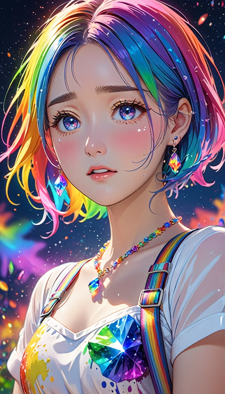 National Science Foundation,masterpiece,High resolution,8K,Art,digit,Three-dimensional,Realism,Kyoto Animation Style,your name movie style, ((Paint splashes,splash of color, Ink splash)),looking into camera,Soft Light,Glowing skin,(1 female: 1.3),(alone: 1.4),(((colorful hair))),((Colorful suspender skirt)),(Rainbow crystal hair clip),(Rainbow crystal small necklace),(Rainbow crystal small earrings),(Rainbow crystal bracelet),(Rainbow crystal ring),Long eyelashes,Slender legs,Short Bob,Close-up of upper body,Close-up,close view,colorful background,(Eyes as deep as the starry sky),(Shut up),(blush),(shy),(lovely and delicate),(Pitiful),(((cry))),(((Tears))),(((extremely sad))),(((despair)))