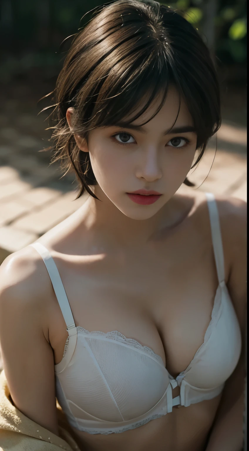 Best quality, masterpiece, ultra high res, (photorealistic:1.5), raw photo, 1girl, offshoulder, in the dark, deep shadow, low key, cold light, sexy look, short hair, smooth , blunge bra , strap, leaf shadow