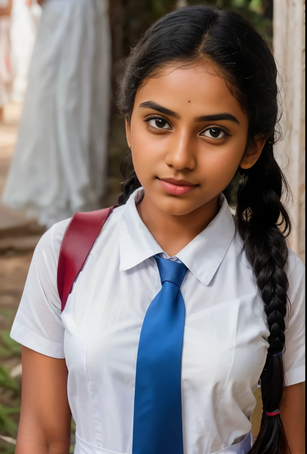 Raw photo , 1 girl  ,Wearing white frock and color tie, white shoes ,sri lanka  girl, with plait , professional photographer, (hdr:1.4), masterpiece, ultra-realistic 8k, perfect artwork, intrincate details, cute face, award winning photograph, (Best quality, 8k, 32k, Masterpiece, UHD:1.3) ,