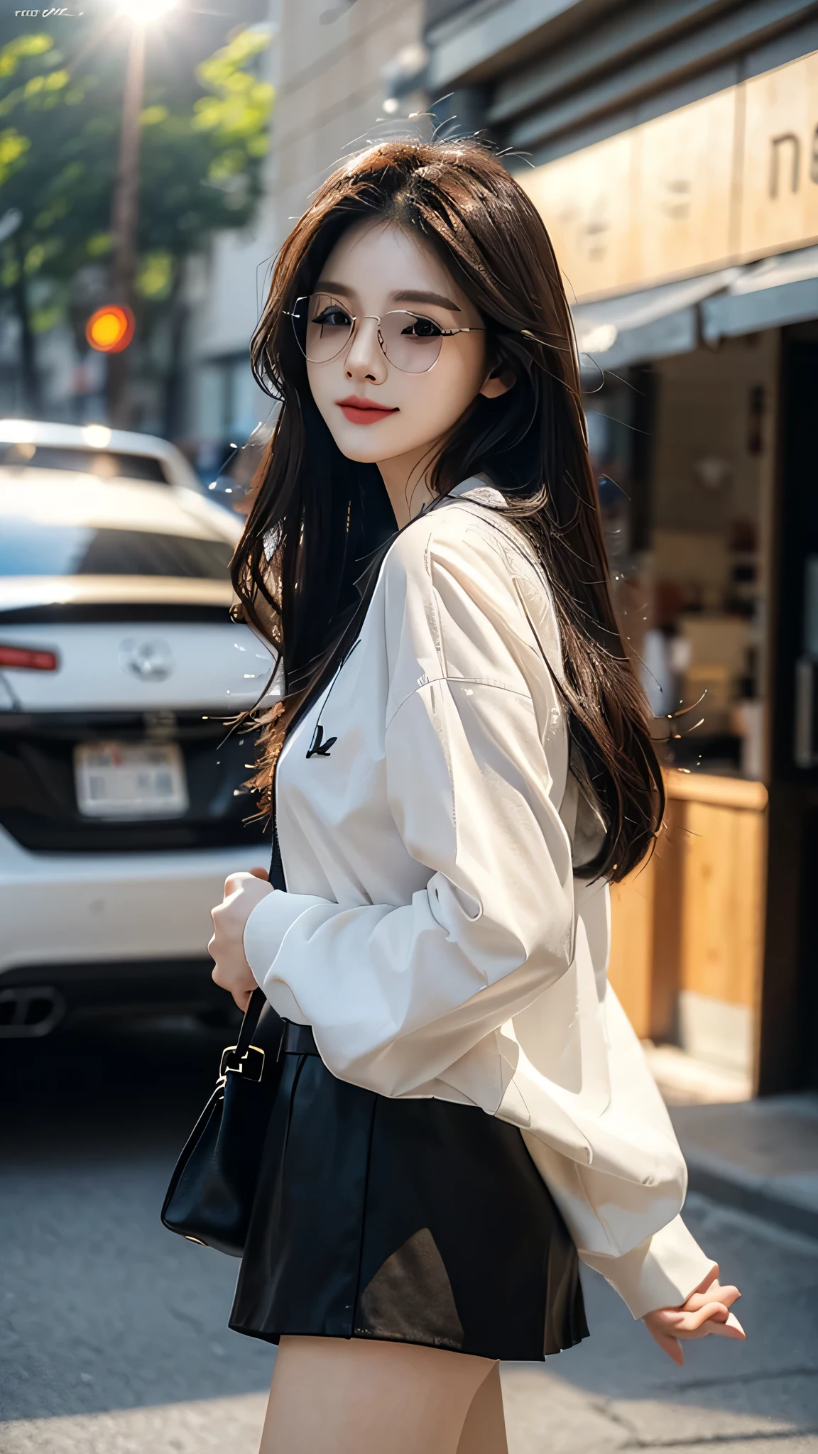 masterpiece、top-quality)、1 beutiful girl、Slim body、((Black and white plain clothes:1.1))、((Wearing black sunglasses )), (Detailed beautiful eyes)、Walk around the store、((Boyish Brown Medium Hair))、((Smaller face))、((Neutral face))、((Face seen from the side))、((Light brown eyes))、((Korean Girl))、((18year old))、((cool lady))、((A shy smile on his face))、((Korean Makeup))、((elongated and sharp eyes))、((Happy dating))、((looking distantly))、((boyish))、((Shot from the same height as your face))、((Shorter than viewer))、((She is running ahead of the viewer))、((Hold your mouth with your hand)), CG rendering, Blurred background, deep shadow, 16K, Very detailed, wallpaper, depth of field, movie light, lens flare, Ray tracing.