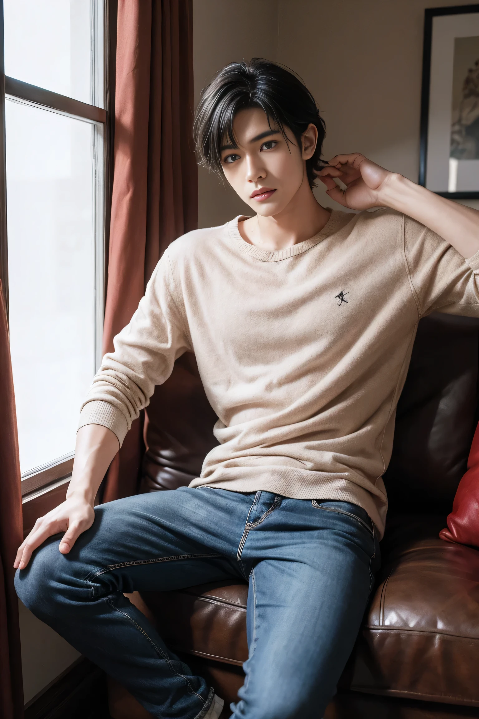 Realistic , Handsome Ryuuji Suguro, black hair ,casual clothes , living room 