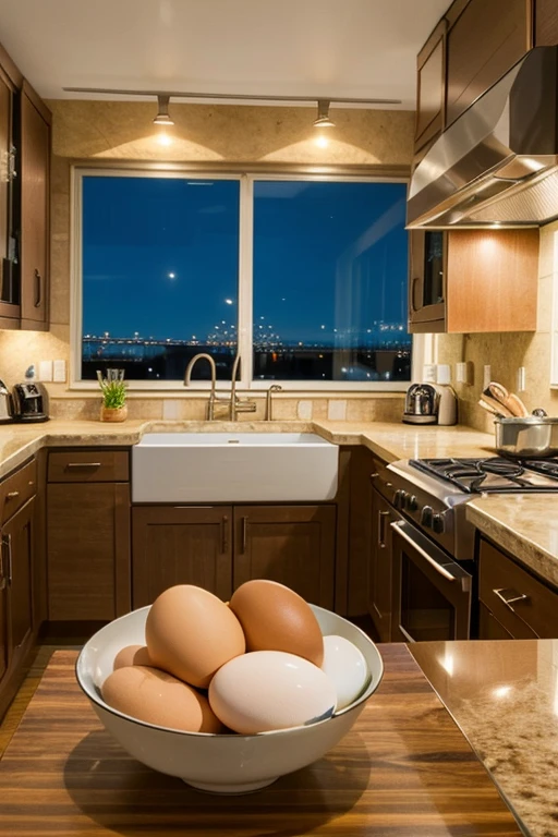 UHD, ultra high resolution, photo realistic 1.4, A kitchen table, modern kitchen. Penthouse, nighttime. View of city lights. Ingredients on counter, two small eggs, glass of oil, sugar, mixing bowl, large spoon on counter.