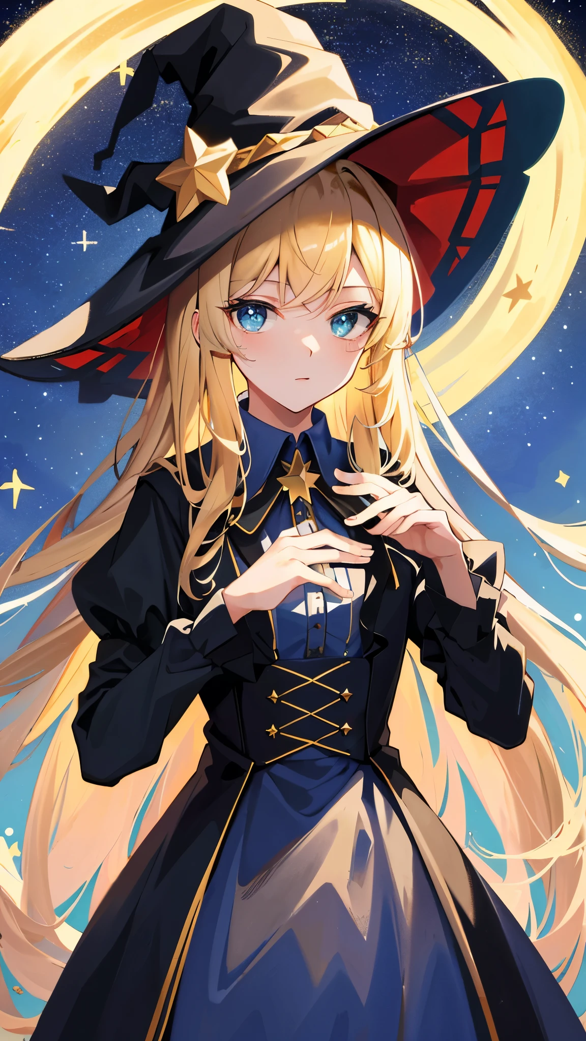 ((Masterpiece:1.2, Best quality)), 1girll, Solo, (Witch hat), Blonde hair, Long hair, dress, aurora, Night, Star (sky), mitts, sky, White dress, Night days