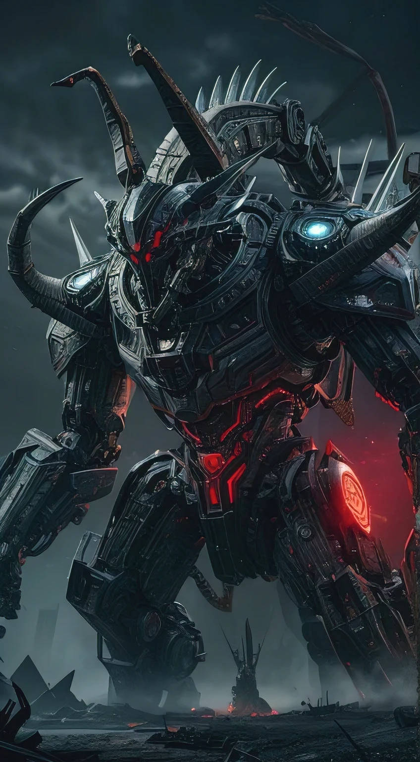 An awe-inspiring 3D render of a colossal, otherworldly Capricorn Mech, a blend of apocalyptic sci-fi horror and elaborate engineering. The Capricorn Mech, with its infernal technology, looms large in the dark, post-apocalyptic environment. Its intricate design incorporates elements of the Capricorn zodiac sign, with sharp spikes and metallic horns. The mech's dark, sinister silhouette casts a chilling shadow, while an eerie red glow emanates from its core. This cinematic illustration captures the essence of a dystopian future, where the line between technology and horror is blurred., cinematic, 3d render, illustration