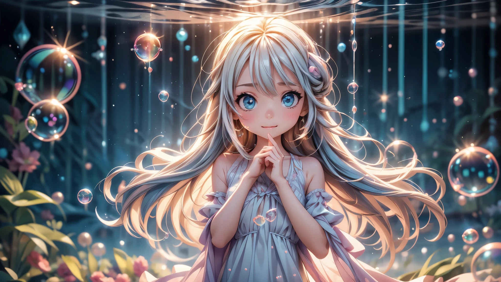 
A  dancing with soap bubbles,illustration,Soft colors,soft light,high resolution,Super detailed,best quality,portrait,fantasy,Charming atmosphere,floating dress,Beautiful and delicate eyes,Flowing long hair,Slender fingers,Dream background,Detailed background,Subtle light,Bubbles,Water Drops,fantasy theme,lively movement, Octane Render 