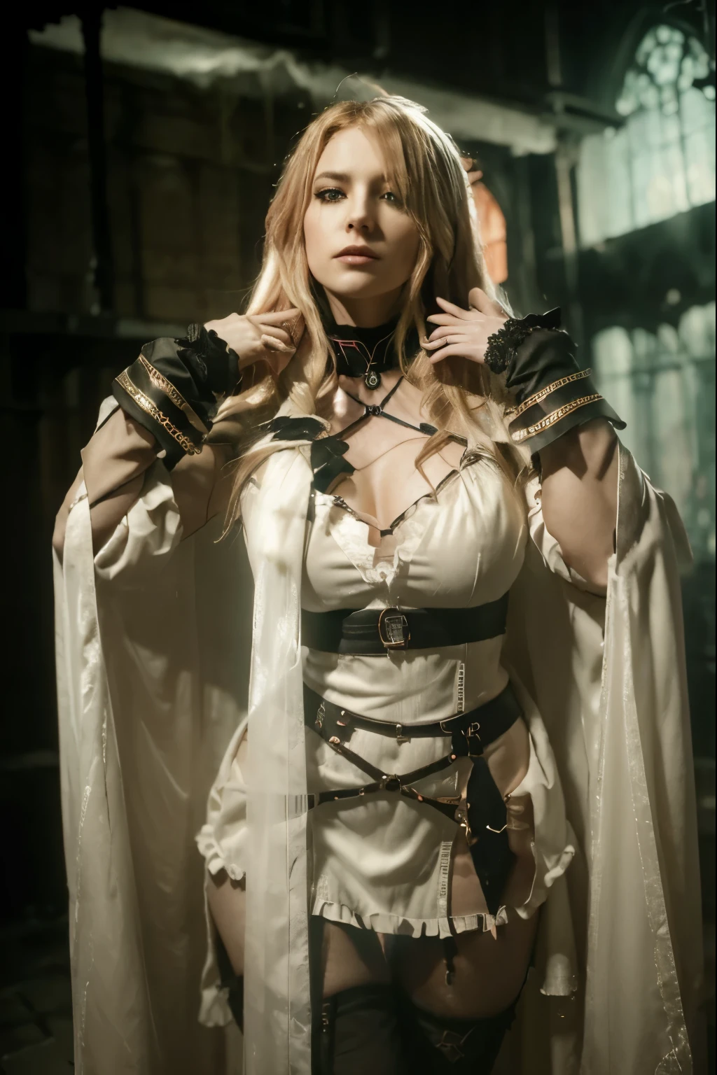 （tmasterpiece：1.2）， （best qualtiy：1.2）， perfect  eyes， s the perfect face， Volumetriclighting， 1girll， Full-fledged warrior nun， A MILF， Bare armor， Exposed robes， blond hairbl， pauldrons， The sword， obi strip， stern expression， fanciful， exteriors， detailed back ground， putting makeup on， lipsticks， eye shadows， mascara， thick eyeslashes