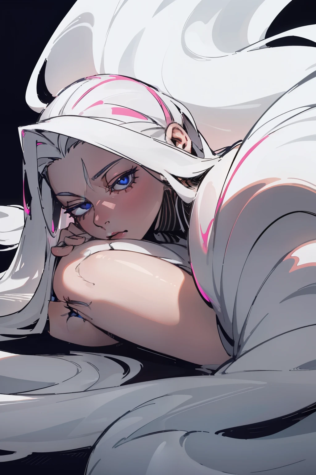 (best quality,realistic:1.2),beautifully detailed blue eyes,perfectly detailed features,long flowing white hair,gorgeous pink skin,sensual