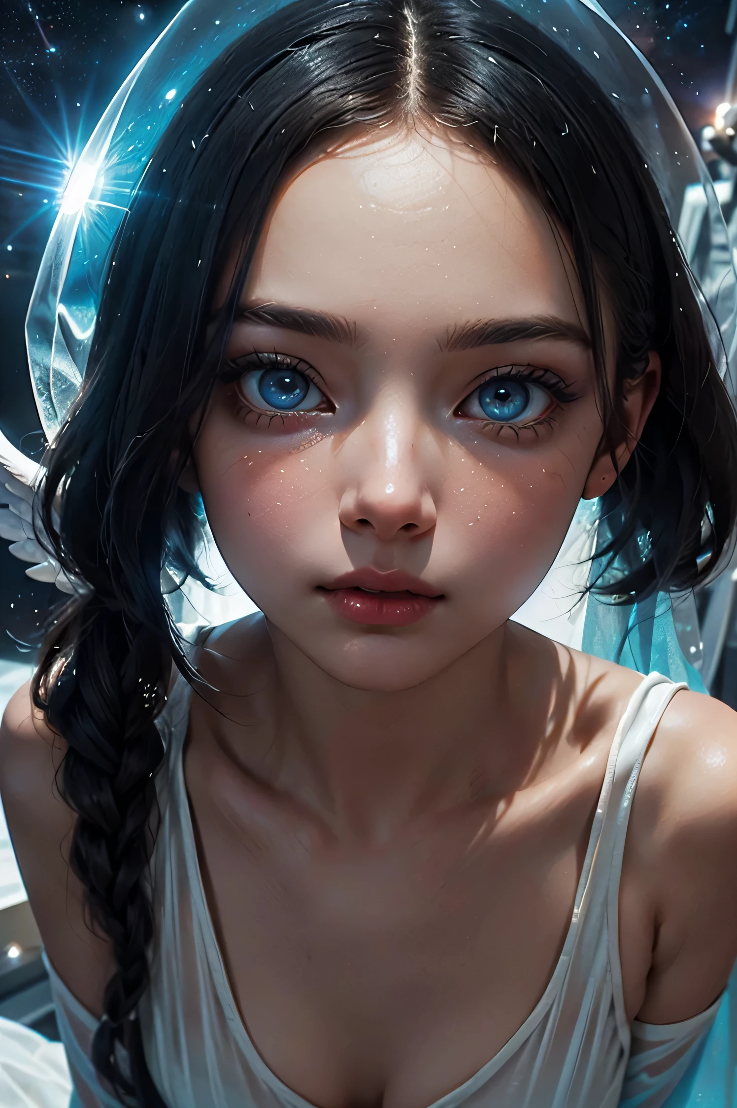 ((space, Distant stars), (Fantastic image, very beautiful - space girl), (1 girl; 1.3), (Face. figure))). ((Graceful forms. Graceful girl). (high quality), (stylization - animation, realism). (Dark cool colors mixed with warm shades). (angel girl), (photorealistic, Cinematic picture), (high detail, complete black hole, 8K. dynamic expressive image)). ((Very detailed eyes and face))), Beautiful detailed eyes. masterpiece, Best quality, full length portrait, amazing beauty, dynamic pose, нежное Face, and bright eyes)). ((She wears transparent, semi-sheer dress, emphasizing a slim figure). (She&#39;s an angel, descended into the underworld. She&#39;s a savior, light in the dark kingdom, radiating a soft glow. High detail, Other worlds, light of distant stars), (detail, high quality), (Muffled light, dark environments - the spooky cinematic setting is great)). ((Girl with white skin, realistic detailed skin, clear focus, volumetric mist near the floor, 8K, UHD, SLR camera, high quality, granularity. photorealism, lomography, fantastic dark art, Utopian reality)). ((готическое Face, gothic horror atmosphere, зловещая gothic aesthetics), (gothic art style, creepy gothic portrait, dark fantasy, mixed with realism, gothic aesthetics)).((Realistic black leather)).