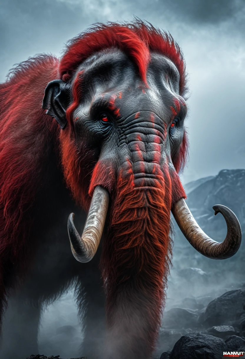 beast man face, fierce, agressive, HDR, 4k, ultra realistic, ultra detailed, in the mist, mastodonte, mammut, red smoke, lightnings