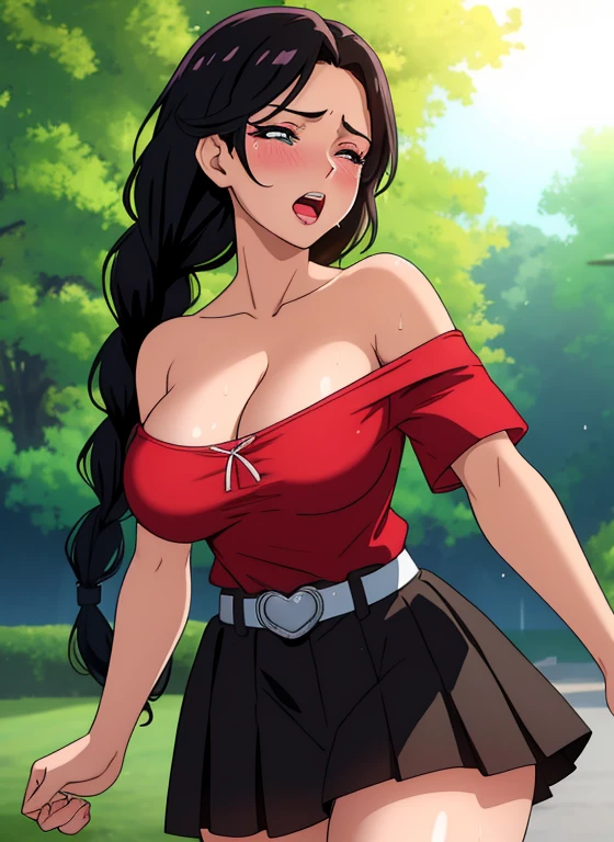 Sexy woman, Black Hair, Single Braid, Seductive eyes, intense gaze, mouth open, Deep Red, panicked, Pretty Face, Amazing makeup, off shoulder T-shirt（（Awkward, blush, charming, Close your eyes, ，with tears in eyes,open mouth， Saliva residue,The hem of the skirt is wet, Brushed,）Huge Breasts:1.5、Low-cut，Cleavage, Wide hips,Thick thighs）The Last Vision, Ultra-high resolution,4K,Super detailed, photography, 8k, HDR, high resolution, absurd:1.2, Kodak Portrait 400, Film Grain, Blurred background, Bokeh:1.2, lens flare, (Energetic_color:1.2),Professional photography