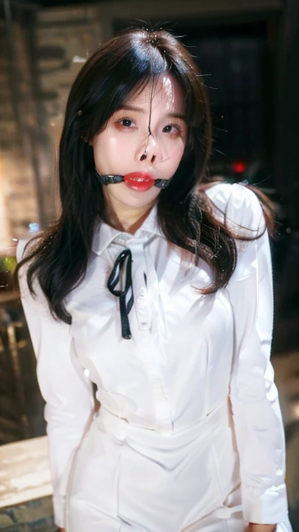 (8k, best quality, masterpiece:1,2), (realistic, photo-realistic:1,37), top quality, masterpiece, Slim, (Wide hips, Thick thighs), Scared, Slender, view the viewer, bound arms, arms back behind, (Dress shirt, tie, pencil skirts), in office building, (Masterpiece), (Best quality:1.2), absurderes, Intricate details, (Highly detailed skin:1.2) ballgag ,nose hook
