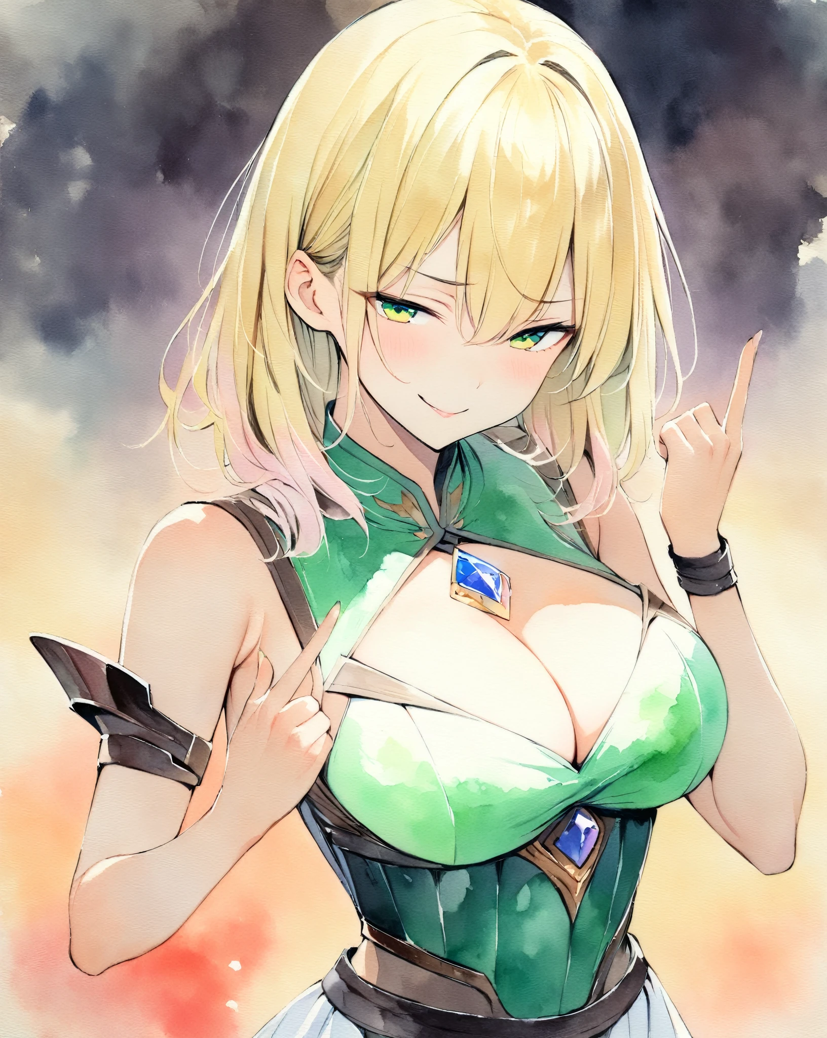 masterpiece, Best quality, watercolor (medium), 1girl, breast, Solitary, Short shoulder-length hair, Cleavage, Blonde pick-dye hair, Jewel green eyes, Bangs, jewelry, skirt, Bare shoulders, sleeveless, Hair between the eyes, 单Scapula, looking at the audience, Photo poses, Hand gesture with index and middle finger raised, large breast, armor, shoulder armor, sleeveless skirt, Upper Body, Single sleeve, white skirt, Scapula, Naughty smile